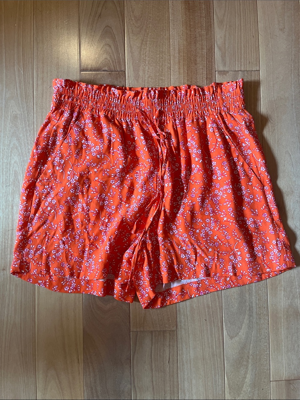 LOFT Orange Floral High-Waist Smocked Drawstring Shorts
